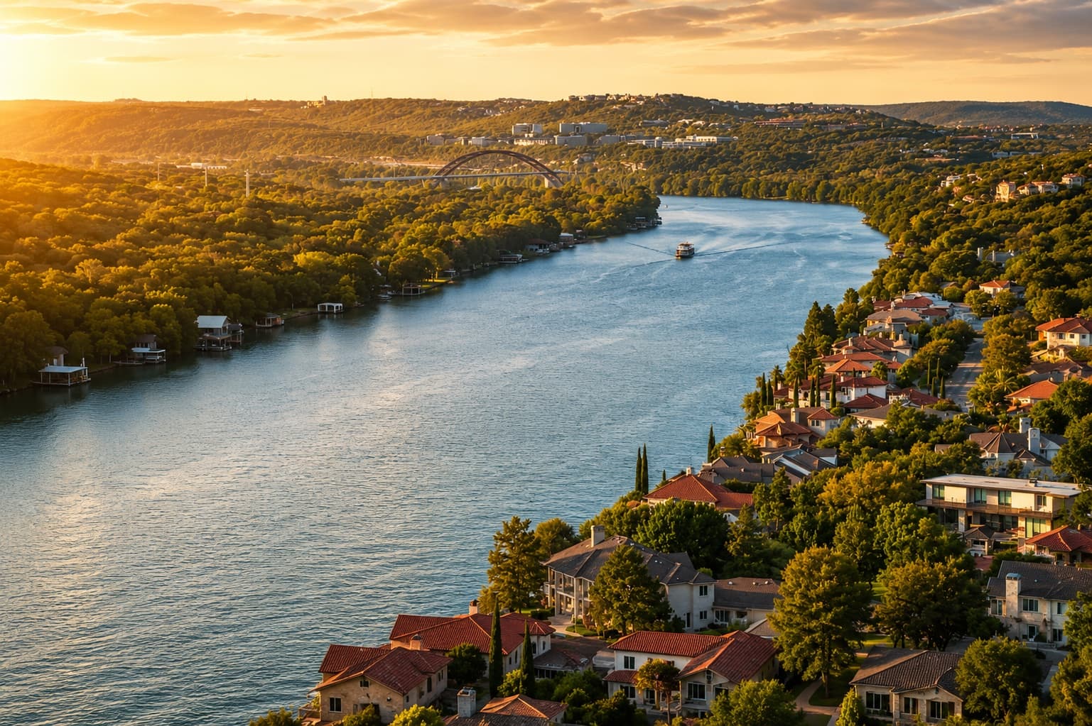 Lake Austin winding past wooded estates toward the Pennybacker Bridge at golden hour, West Austin